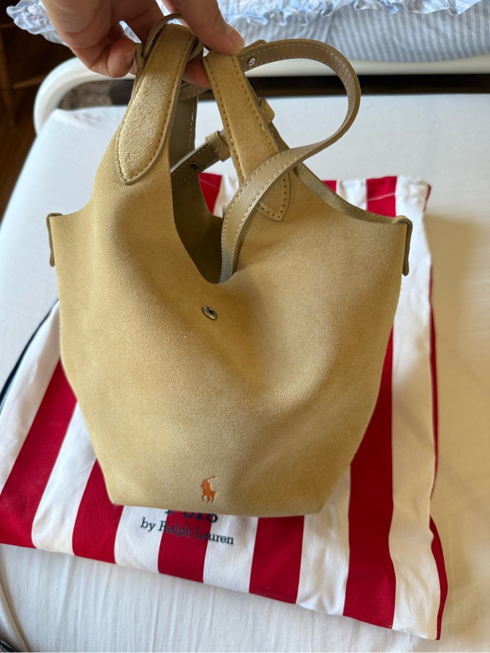 Polo Ralph Lauren Small Suede tote Bucket Bag in cashew crossbody bag